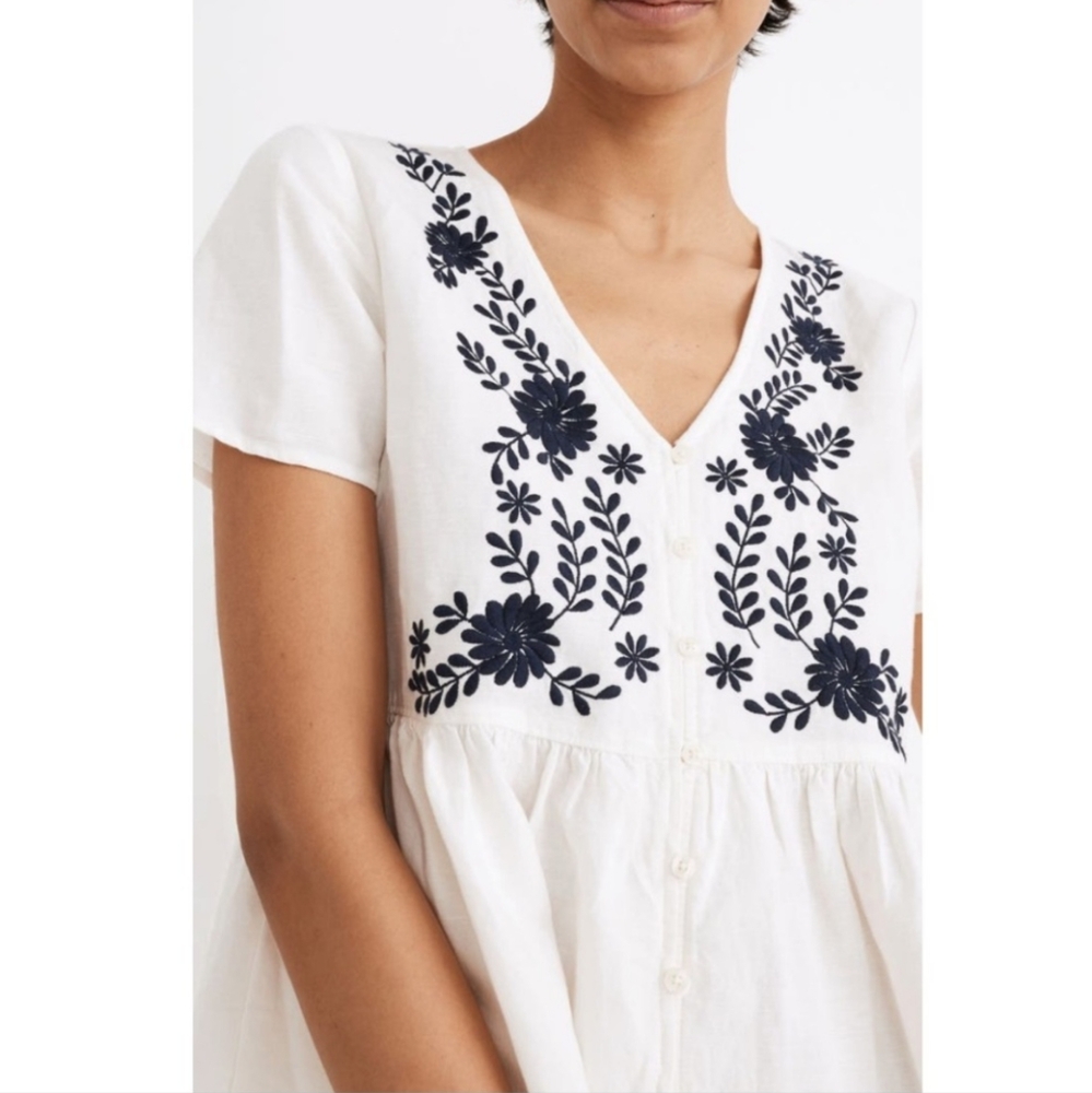 Madewell Babydoll Dress with Blue Embroidery, XXS
